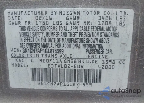 2016 Nissan Versa 1.6 S/1.6 S+/1.6 Sl/1.6 Sv from USA, damaged, VIN 3N1CN7AP1GL874599